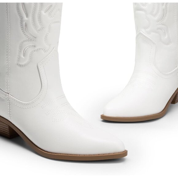 Women's White-pu Mid Calf Western Embroidery Stitched Faux Leather Cowgirl Boots - Picture 4 of 7